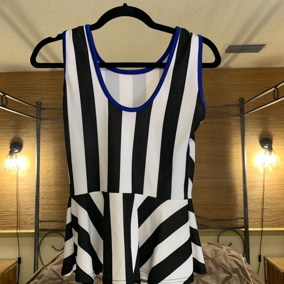 Sexy Tight Vertical Black and White stripe Women’s Top with Blue Rim. - Picture 2 of 2